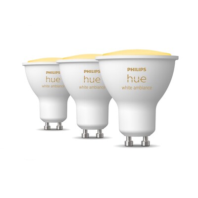 Licht LED günstig Kaufen-Philips Hue White Ambiance GU10 Dreierpack 3x350lm. Philips Hue White Ambiance GU10 Dreierpack 3x350lm <![CDATA[• Austauschtype: LED-Lampe / Sockel: GU10 / Lichtfarbe: warmweiß - tages • Energieeffizienzklasse: G • Leistung: 5 Watt als Ersatz für 
