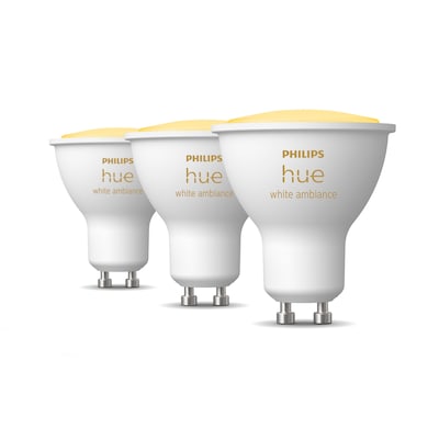 LED Lampe günstig Kaufen-Philips Hue White Ambiance GU10 Dreierpack 3x350lm. Philips Hue White Ambiance GU10 Dreierpack 3x350lm <![CDATA[• Austauschtype: LED-Lampe / Sockel: GU10 / Lichtfarbe: warmweiß - tages • Energieeffizienzklasse: G • Leistung: 5 Watt als Ersatz für 