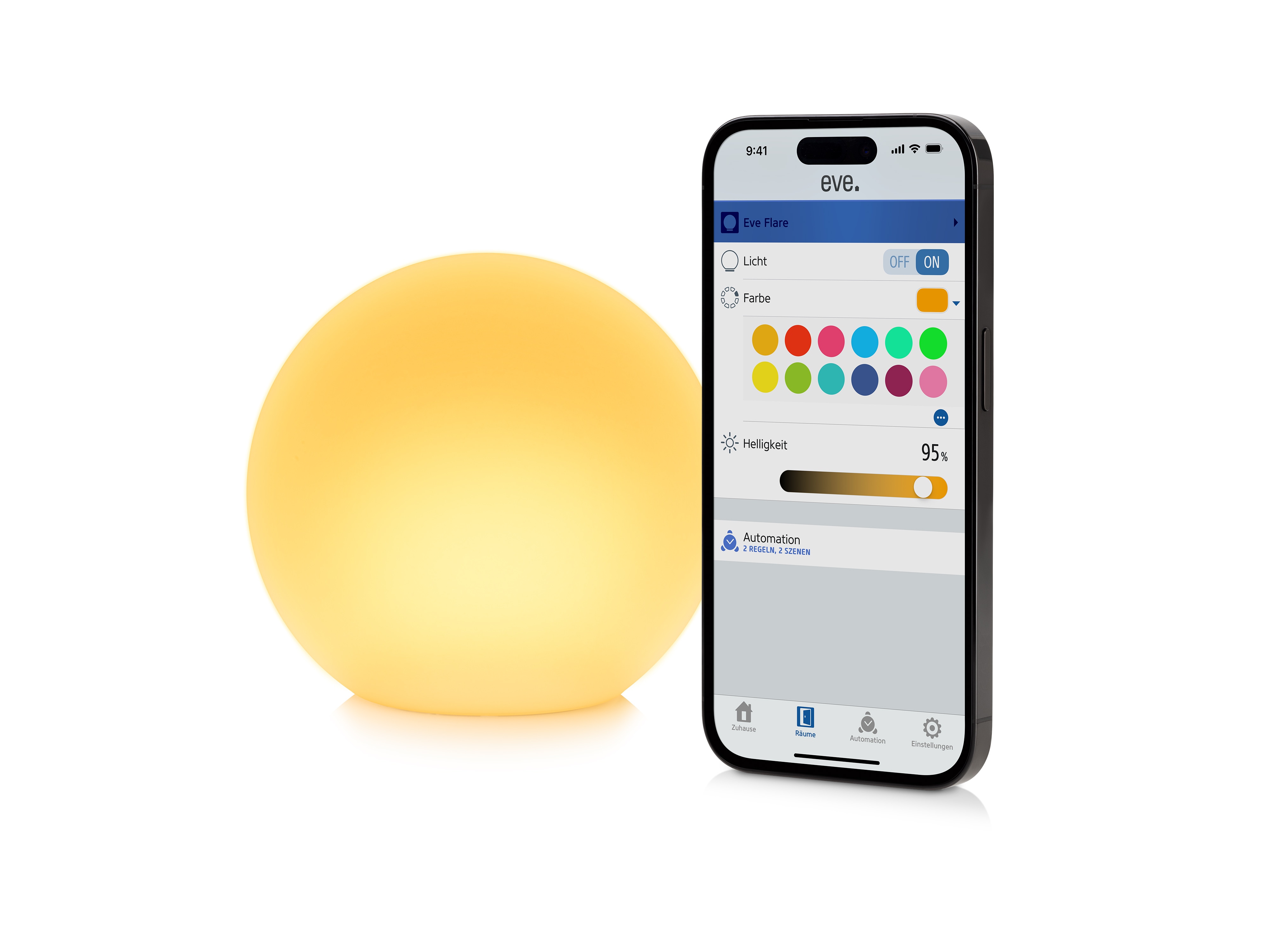 Eve Flare (Apple Home) – Tragbare smarte LED-Kugelleuchte, wasserbeständig, weißes & farbiges Licht, 90 lm, Ø 25 cm, dimmbar, keine Bridge nötig, Bluetooth & Thread, App-Steuerung - Bild 4