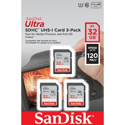 10 32  günstig Kaufen-SanDisk Ultra 32 GB SDHC Speicherkarte (120 MB/s, Class 10, UHS-I) 3er Pack. SanDisk Ultra 32 GB SDHC Speicherkarte (120 MB/s, Class 10, UHS-I) 3er Pack <![CDATA[• Speichertyp: SDHC (UHS-I) • Speicherkapazität: 3x 32 GB • Geschwindigkeitsklasse: Cl