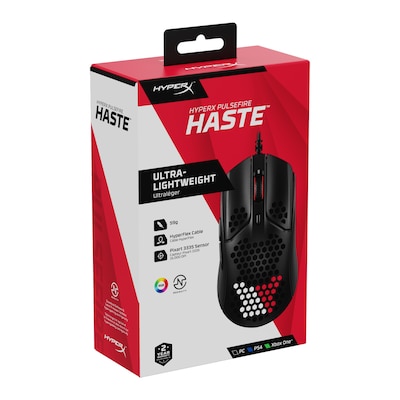 und ich  günstig Kaufen-HyperX Pulsefire Haste Kabelgebundene Gaming Maus schwarz. HyperX Pulsefire Haste Kabelgebundene Gaming Maus schwarz <![CDATA[• Anwendungsbereich: Gaming, 6 Tasten • Kabelgebunden (USB) • Sensortechnologie: PixArt 3335 (16.000 dpi) • Schwarz, 59g,