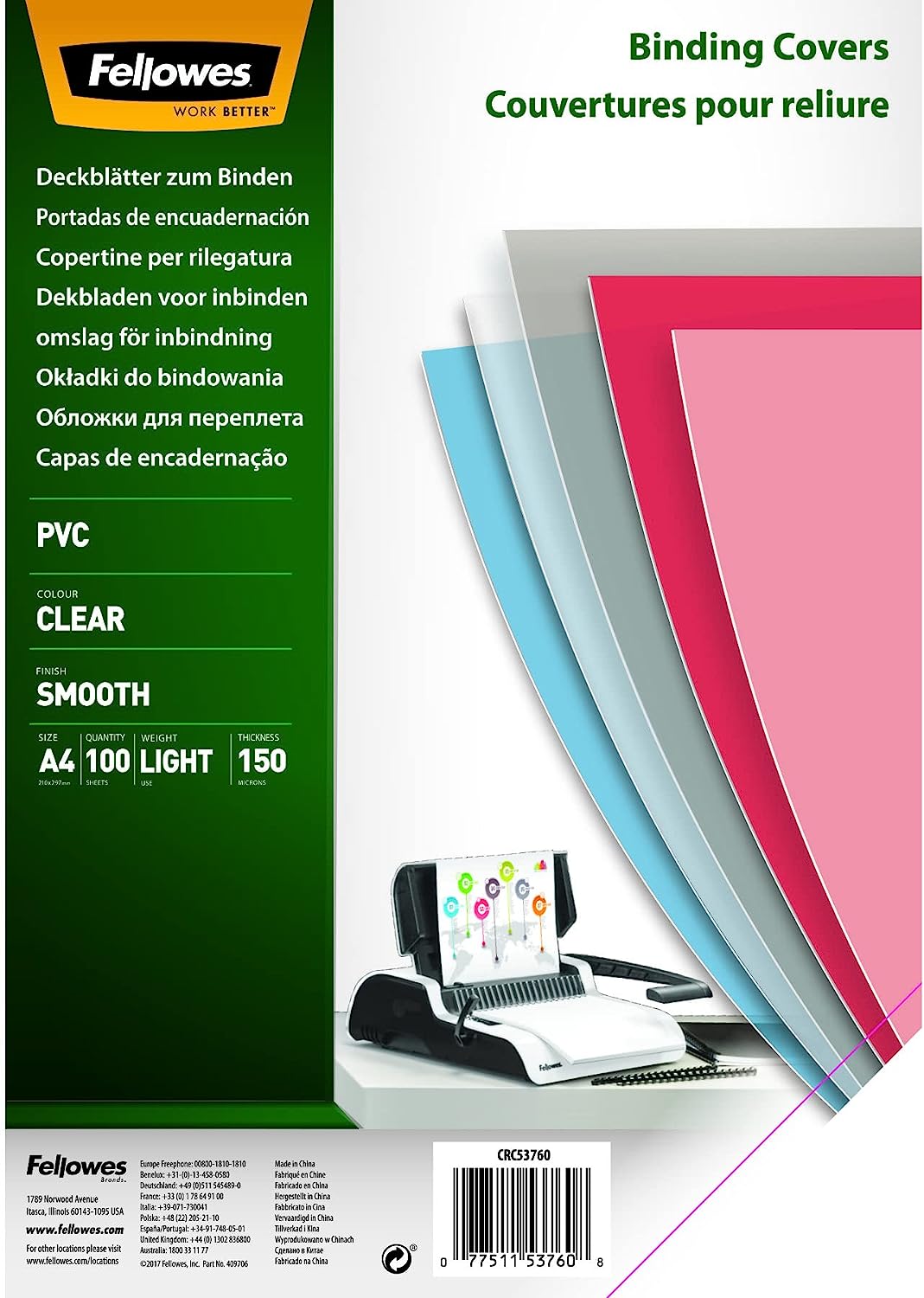 Fellowes PVC Deckblatt f&uuml;r Bindungen A4 transparent 100 St&uuml;ck