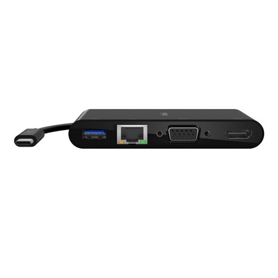 Farbe günstig Kaufen-Belkin USB-C 4-in-1 Multiport Adapter. Belkin USB-C 4-in-1 Multiport Adapter <![CDATA[• USB-C/Multimedia-Adapter • Ethernet-, USB-A-3.0-, VGA- und 4K-HDMI-Anschluss • Farbe: schwarz, Länge: 0,15m • HDMI-Anschluss unterstützt Auflösungen von bis