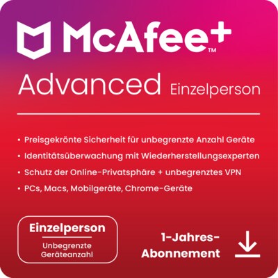 Laufzeit günstig Kaufen-McAfee Plus Advanced - Individual | Download & Produktschlüssel. McAfee Plus Advanced - Individual | Download & Produktschlüssel <![CDATA[• vollständigen Schutz von Identität und Privatsphäre • Für bis zu 1 Nutzer • Laufzeit: 1