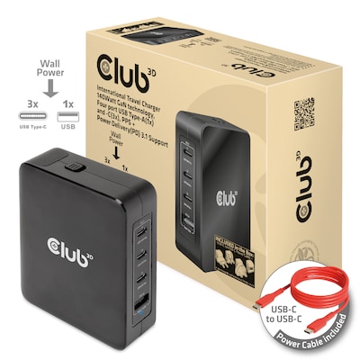 Club  günstig Kaufen-Club 3D Reise Ladegerät 140W GAN, PPS, Power Delivery (PD) 3.1. Club 3D Reise Ladegerät 140W GAN, PPS, Power Delivery (PD) 3.1 <![CDATA[• USB-Adapter • Anschlüsse: USB Typ C und USB Typ A • Farbe: schwarz, Länge: 1,0m • Programmable Po