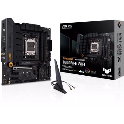 mit 4 günstig Kaufen-ASUS TUF B650M-E WIFI mATX Mainboard Sockel AM5 M.2/USB3.2 TypC/HDMI/DP. ASUS TUF B650M-E WIFI mATX Mainboard Sockel AM5 M.2/USB3.2 TypC/HDMI/DP <![CDATA[• mATX Mainboard mit Sockel AMD AM5 für AMD RYZEN 7000 Serie-CPU • AMD B650-Chipsatz, PCIe 4.0, 