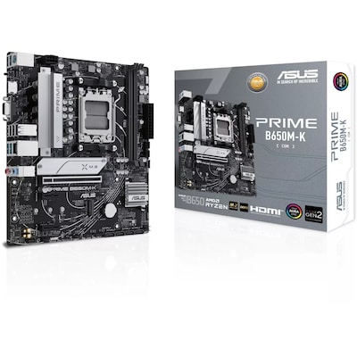 Board V günstig Kaufen-ASUS PRIME B650M-K mATX Mainboard Sockel AM5 M.2/HDMI/VGA. ASUS PRIME B650M-K mATX Mainboard Sockel AM5 M.2/HDMI/VGA <![CDATA[• mATX Mainboard mit Sockel AMD AM5 für AMD RYZEN 7000 Serie-CPU • AMD B650-Chipsatz, PCIe 4.0, Radeon Vega Grafik (Ryzen CP