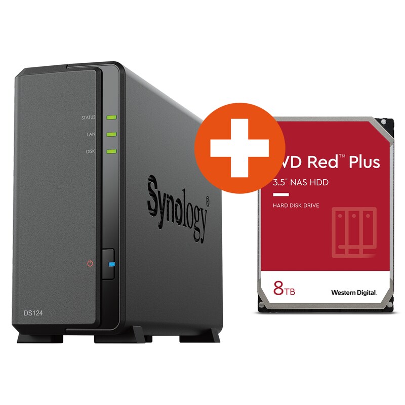 Synology Diskstation DS124 NAS System 1-Bay inkl. 8 TB WD Red Plus WD80EFZZ
