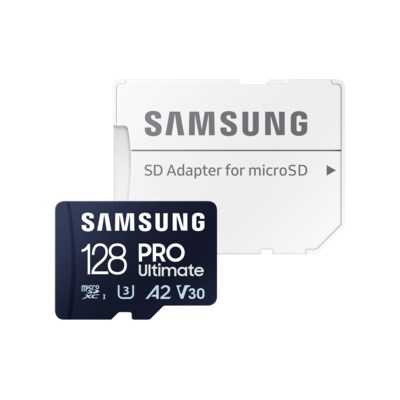 Micro V günstig Kaufen-Samsung PRO Ultimate 128 GB microSD-Speicherkarte mit SD-Karten-Adapter. Samsung PRO Ultimate 128 GB microSD-Speicherkarte mit SD-Karten-Adapter <![CDATA[• Speichertyp: microSDXC (UHS-I) inklusive SD-Adapter • Speicherkapazität: 128 GB • Geschwindi