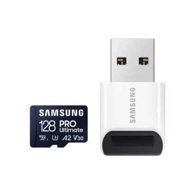 PRO MicroSD günstig Kaufen-Samsung PRO Ultimate 128 GB microSD-Speicherkarte mit USB-Kartenleser. Samsung PRO Ultimate 128 GB microSD-Speicherkarte mit USB-Kartenleser <![CDATA[• Speichertyp: microSDXC (UHS-I) inklusive USB-Adapter • Speicherkapazität: 128 GB • Geschwindigke