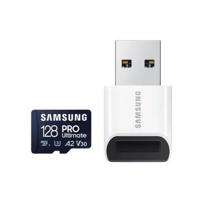 Ultimate Pro günstig Kaufen-Samsung PRO Ultimate 128 GB microSD-Speicherkarte mit USB-Kartenleser. Samsung PRO Ultimate 128 GB microSD-Speicherkarte mit USB-Kartenleser <![CDATA[• Speichertyp: microSDXC (UHS-I) inklusive USB-Adapter • Speicherkapazität: 128 GB • Geschwindigke