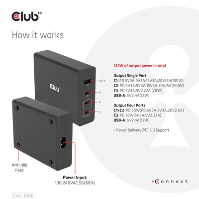 Lade USB günstig Kaufen-Club 3D Reise Ladegerät PPS 132W GAN, USB Typ-C/Typ-A Power Delivery (PD) 3.0. Club 3D Reise Ladegerät PPS 132W GAN, USB Typ-C/Typ-A Power Delivery (PD) 3.0 <![CDATA[• Reiseladegerät mit USB-Kabel • Anschlüsse: USB Typ A / USB Typ C und 