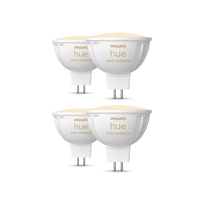 Philips hue günstig Kaufen-Philips Hue White Ambiance MR16 LED-Lampe 400lm, 4er Pack. Philips Hue White Ambiance MR16 LED-Lampe 400lm, 4er Pack <![CDATA[• Austauschtype: LED-Lampe / Sockel: GU5.3 / Lichtfarbe: neutralweiß • Energieeffizienzklasse: G • Amazon Alexa - Apple Ho