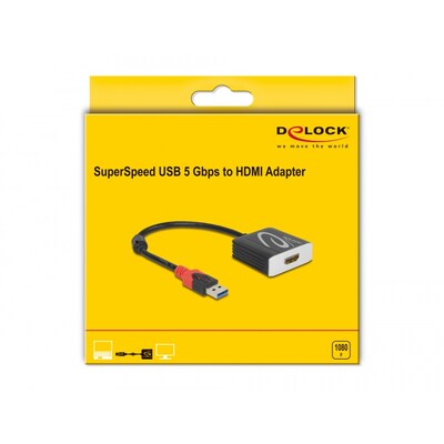 Speed Tec günstig Kaufen-Delock Adapter SuperSpeed USB 5 Gbps Typ-A Stecker zu HDMI Buchse. Delock Adapter SuperSpeed USB 5 Gbps Typ-A Stecker zu HDMI Buchse <![CDATA[• Adapter • Anschlüsse: HDMI-Buchse und USB Typ A • Farbe: schwarz • passend für: Daten • Farbe: Schw