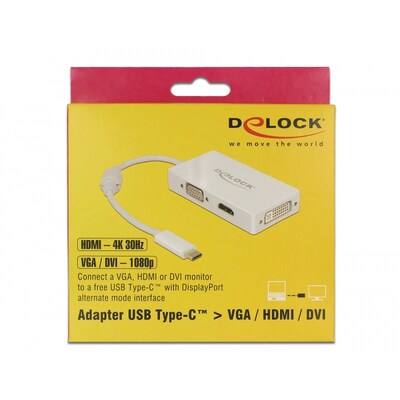Stecker adapter günstig Kaufen-Delock Adapter USB Type-C™ Stecker  VGA / HDMI / DVI Buchse weiß. Delock Adapter USB Type-C™ Stecker  VGA / HDMI / DVI Buchse weiß <![CDATA[• Adapter • Anschlüsse: USB Typ C und HDMI / DVI • Farbe: schwarz • passend für: 