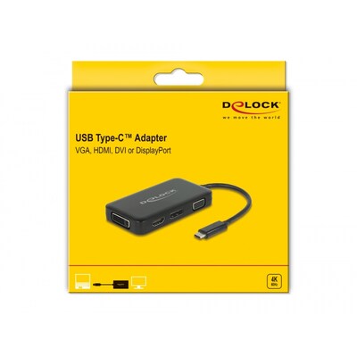 Delock USB günstig Kaufen-Delock Adapter USB Type-C™ Stecker  VGA / HDMI / DVI / DisplayPort Buchse. Delock Adapter USB Type-C™ Stecker  VGA / HDMI / DVI / DisplayPort Buchse <![CDATA[• Adapter • Anschlüsse: USB Typ C und HDMI / DVI • Farbe: schwarz • passen