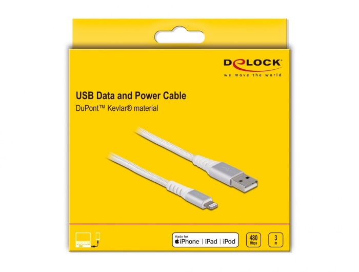 Delock USB Daten- und Ladekabel f&uuml;r iPhone&trade;, iPad&trade;, iPod&trade; DuPont Kevlar&reg; wei&szlig; 3m