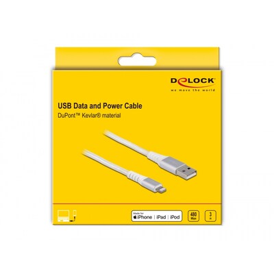 Delock USB Daten- und Ladekabel für iPhone™, iPad™, iPod™ DuPont Kevlar® weiß 3m