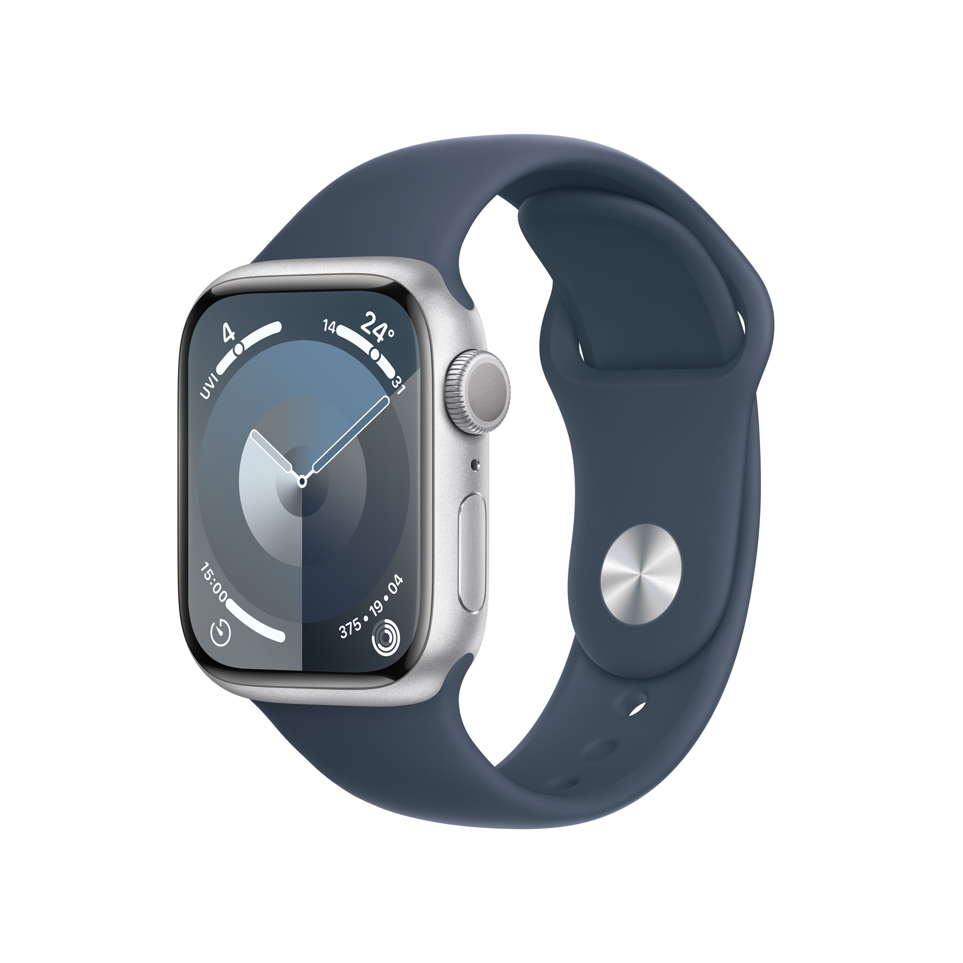 Apple Watch Series 9 GPS 41mm Aluminium Silber Sportarmband Sturmblau - S/M