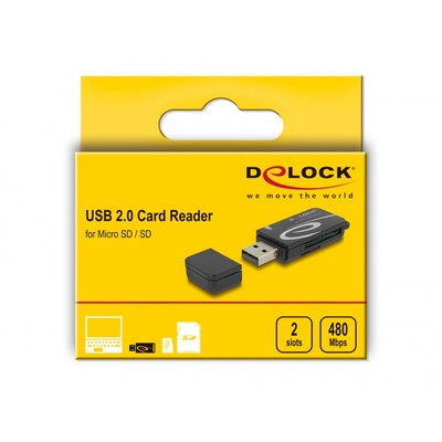 Delock USB günstig Kaufen-Delock Mini USB 2.0 Card Reader mit SD und Micro SD Slot. Delock Mini USB 2.0 Card Reader mit SD und Micro SD Slot <![CDATA[• Adapter • USB Typ A • Farbe: schwarz • passend für: Daten • Farbe: Schwarz]]>. 