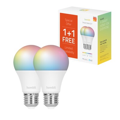 9W Smart günstig Kaufen-Hombli smarte Glühbirne 9W, E27, RGB 2er Pack. Hombli smarte Glühbirne 9W, E27, RGB 2er Pack <![CDATA[• Smarte LED-Glühbirne / E27-Sockel / 9 W / 800 Lumen • Dimmbares weißes und farbiges Licht • Wählen Sie aus 16 Millionen Farben • S