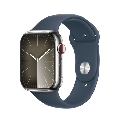Apple Watch Series 9 LTE 45mm Edelstahl Silber Sportarmband Sturmblau S/M