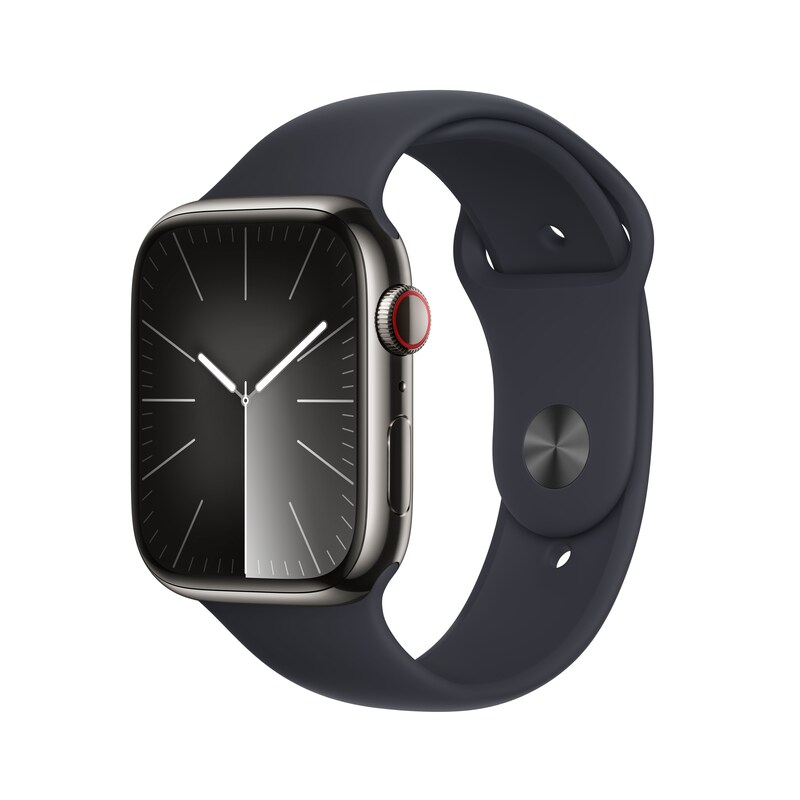 Apple Watch Series 9 LTE 45mm Edelstahl Graphit Sportarmband Mitternacht S/M