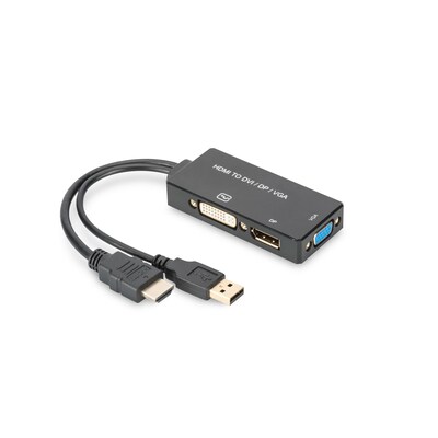 DIGITUS HD günstig Kaufen-DIGITUS HDMI Konverterkabel, HDMI - DP+DVI+VGA St-Bu/Bu/Bu, 0,2m. DIGITUS HDMI Konverterkabel, HDMI - DP+DVI+VGA St-Bu/Bu/Bu, 0,2m <![CDATA[• HDMI/DVI-Adapter • Anschlüsse: HDMI A und HDMI Typ A/F + DVI-D(24+1)/F • Farbe: schwarz, Länge: 0,2m • 