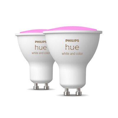 Color günstig Kaufen-Philips Hue White & Color Ambiance GU10 350lm, 2er Pack. Philips Hue White & Color Ambiance GU10 350lm, 2er Pack <![CDATA[• Austauschtype: LED-Lampe / Sockel: GU10 / Lichtfarbe: RGBW • Energieeffizienzklasse: G • Leistung: 5,7 Watt als Ersat