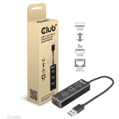 Laden günstig Kaufen-Club 3D USB 3.2 Gen1 Typ-A, 3 Ports Hub mit Gigabit Ethernet. Club 3D USB 3.2 Gen1 Typ-A, 3 Ports Hub mit Gigabit Ethernet <![CDATA[• Unterstützt mit max. 900mA Laden • Unterstützt USB 3.2 Typ-A Eingang, Ausgang 3x USB-A Ausgang • Einfach mitzuneh