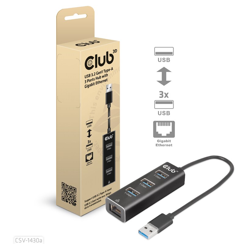 Club 3D USB 3.2 Gen1 Typ-A, 3 Ports Hub mit Gigabit Ethernet