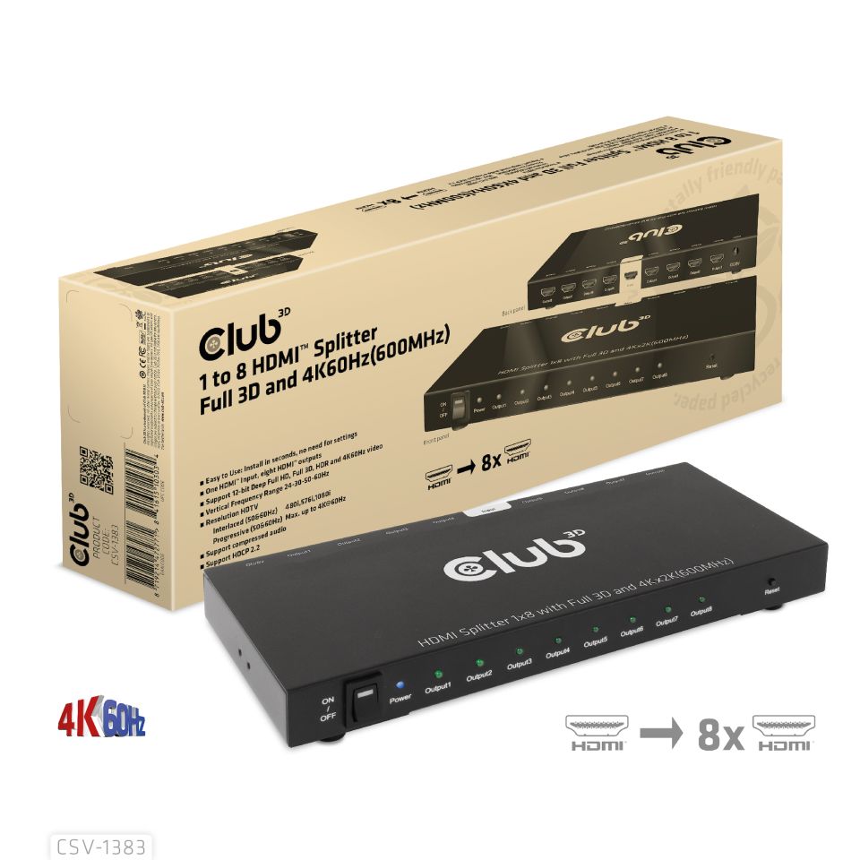 Club 3D 1 auf 8 HDMI&trade; Splitter Full 3D und 4K60Hz(600MHz)