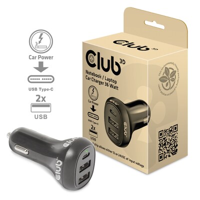 CD R günstig Kaufen-Club 3D Notebook / Laptop 12V KFZ-Ladegerät 36 Watt USB-A/USB-C. Club 3D Notebook / Laptop 12V KFZ-Ladegerät 36 Watt USB-A/USB-C <![CDATA[• USB-Adapter • Anschlüsse: USB Typ C und USB Typ A 2x • Farbe: schwarz • passend für: Strom • 