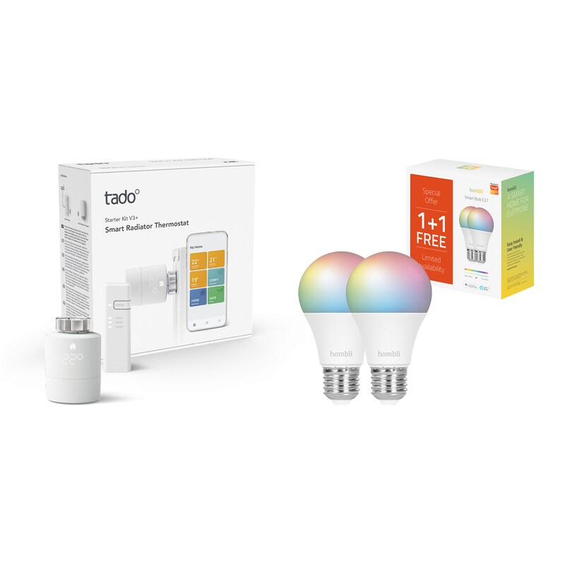 tado° Starter Set Heizen Smartes Heizkörper-Thermostat V3+ mit 2 x Hombli E27