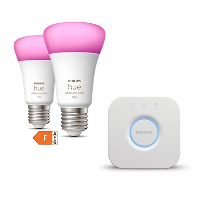 Hi Fi  günstig Kaufen-Philips Hue White & Color Ambiance E27 806lm 75W, 2er Pack + Bridge. Philips Hue White & Color Ambiance E27 806lm 75W, 2er Pack + Bridge <![CDATA[• Austauschtype: LED-Lampe / Sockel: E27 / Lichtfarbe: RGBW • Energieeffizienzklasse: F • Leist