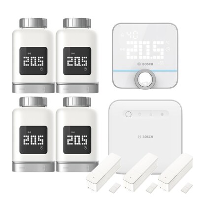 Thermostat  günstig Kaufen-Bosch Smart Home Starter Set Smarte Heizung • 5x Thermostat • 3x Fensterkontakt. Bosch Smart Home Starter Set Smarte Heizung • 5x Thermostat • 3x Fensterkontakt <![CDATA[• Gezielte Temperatur-Steuerung in jedem Raum • Konti