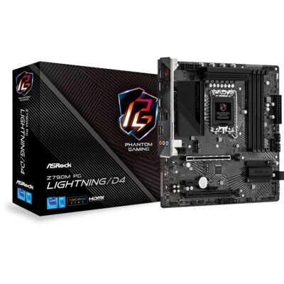 zu 5  günstig Kaufen-ASRock Z790M Phantom Gaming Lightning/D4. ASRock Z790M Phantom Gaming Lightning/D4 <![CDATA[• mATX Mainboard mit Sockel Intel 1700 für Intel Core 13. Generation-CPU • Intel Z790-Chipsatz, Intel HD Graphics Grafik • 128 GB max. RAM, DDR4 bis zu 5333