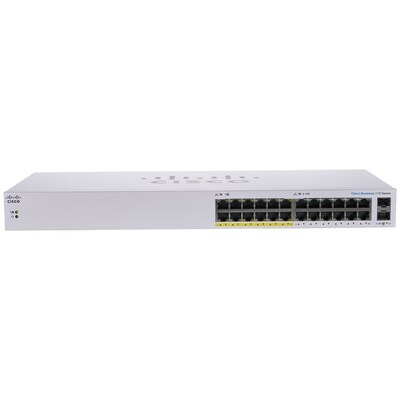 10 x  günstig Kaufen-Cisco CBS110-24PP Business 110 Series unmanaged Switch. Cisco CBS110-24PP Business 110 Series unmanaged Switch <![CDATA[• 22x GB-LAN (davon 12x PoE), 2x SFP/RJ45 Combo • Je PoE Port max. 15 W (Gesamtbudget 100 W) • Lüfterlos, Rackfähig (1HE)]]>. 