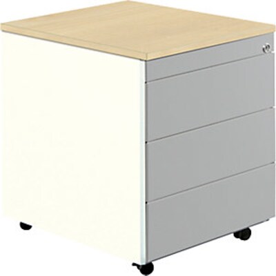 mauser Schubladencontainer m. Rollen, 579×600, Kunststoffpl., 3 Schubl., weiß/alu/Ahorn | 04250633325209