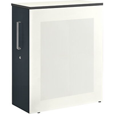 Rollcontainer günstig Kaufen-Hochauszugschrank, Thekenelement links stehend, H 1250mm, reinweiß/anthrazitgrau. Hochauszugschrank, Thekenelement links stehend, H 1250mm, reinweiß/anthrazitgrau <![CDATA[• Schrank, Trennwand und Rollcontainer in einem. • Akustisch wirksame