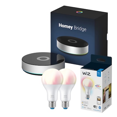 Homey Bridge günstig Kaufen-Homey Bridge Smart-Home-Zentrale Gateway Ambiente-Set mit 2x WiZ 100W LED. Homey Bridge Smart-Home-Zentrale Gateway Ambiente-Set mit 2x WiZ 100W LED <![CDATA[• Steuereinheit • Kompatibel zu allen Z-Wave-Komponenten • Einfache Einrichtung & Bedienung