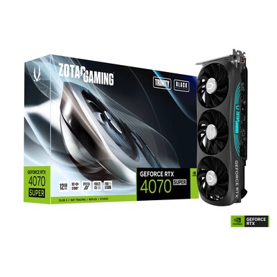 mit Speicher günstig Kaufen-ZOTAC GAMING GeForce RTX 4070 Super Trinity Black Edition 12GB Grafikkarte. ZOTAC GAMING GeForce RTX 4070 Super Trinity Black Edition 12GB Grafikkarte <![CDATA[• GeForce RTX 4070, Ada Lovelace mit DLSS 3 • 12GB GDDR6X-RAM (192bit Speicherinterface), 2