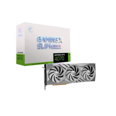 Grafikkarte günstig Kaufen-MSI GeForce RTX 4070 12GB Gaming X Slim White Grafikkarte 3xDP/HDMI. MSI GeForce RTX 4070 12GB Gaming X Slim White Grafikkarte 3xDP/HDMI <![CDATA[• NVIDIA GeForce RTX 4070, ADA Lovelace, DLSS 3 • 12 GB GDDR6X-RAM (192bit Speicherinterface) • Core/Me