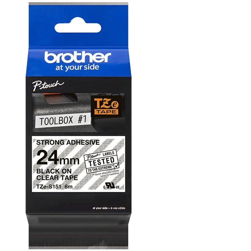 Brother TZe-S151 Schriftband, 24mm x 8m, schwarz auf transparent, stark klebend