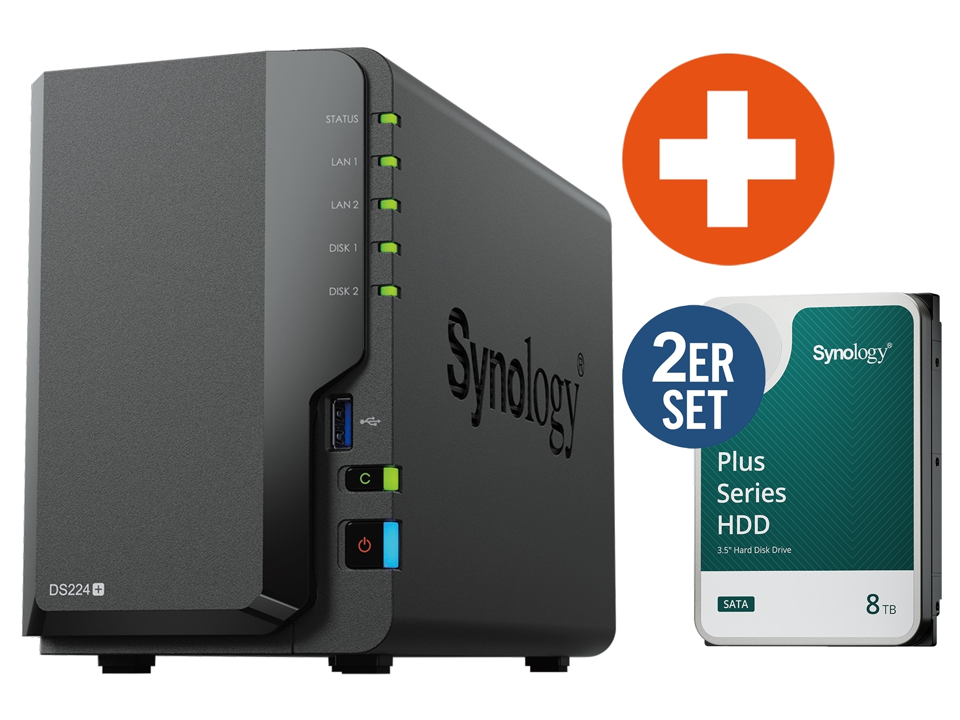 Synology DS224+ NAS System 2-Bay 16 TB inkl. 2x 8 TB Synology HDD HAT3300-8T