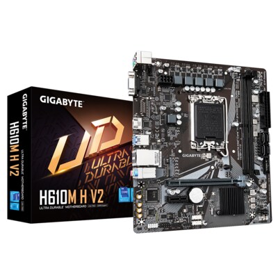 AF 2 günstig Kaufen-Gigabyte H610M H V2 mATX Mainboard Sockel 1700 HDMI/VGA. Gigabyte H610M H V2 mATX Mainboard Sockel 1700 HDMI/VGA <![CDATA[• mATX Mainboard mit Sockel Intel 1700 für Intel Core 14. Generation-CPU • Intel H610-Chipsatz, keine Grafik • 96 GB max. RAM,