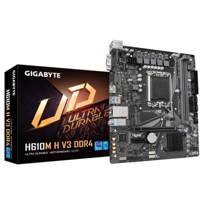 Satz 3 günstig Kaufen-Gigabyte H610M H V3 mATX Mainboard Sockel 1700 HDMI/VGA. Gigabyte H610M H V3 mATX Mainboard Sockel 1700 HDMI/VGA <![CDATA[• mATX Mainboard mit Sockel Intel 1700 für Intel Core 14. Generation-CPU • Intel H610-Chipsatz, keine Grafik • 64 GB max. RAM,