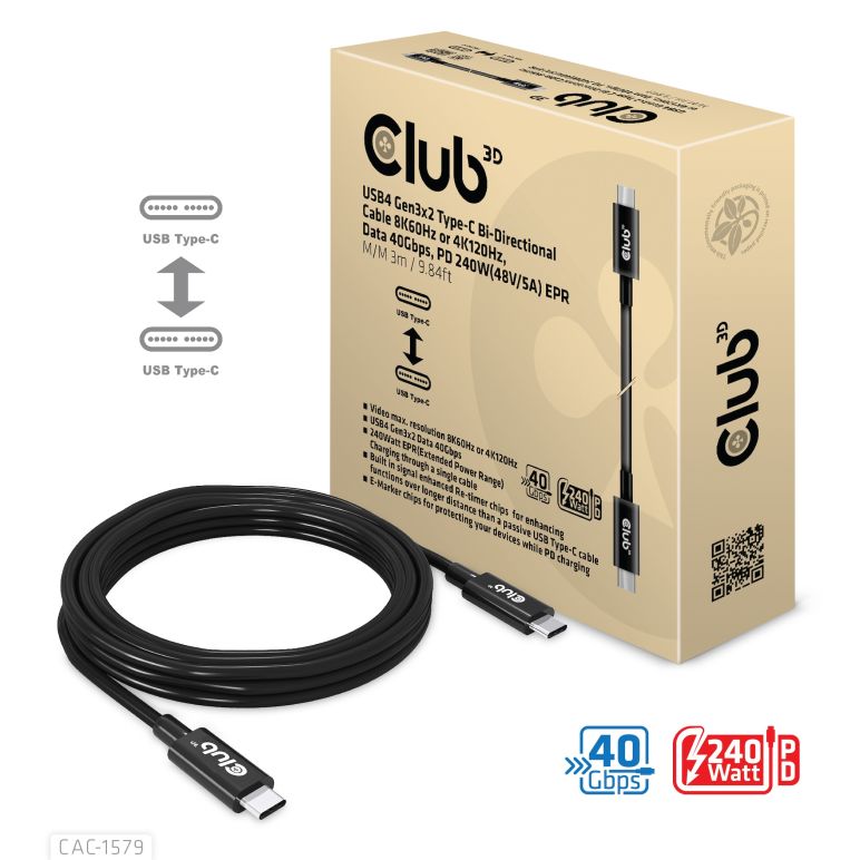 Club 3D USB4 Gen3x2 Type-C Bi-Direktionale Kabel 3m