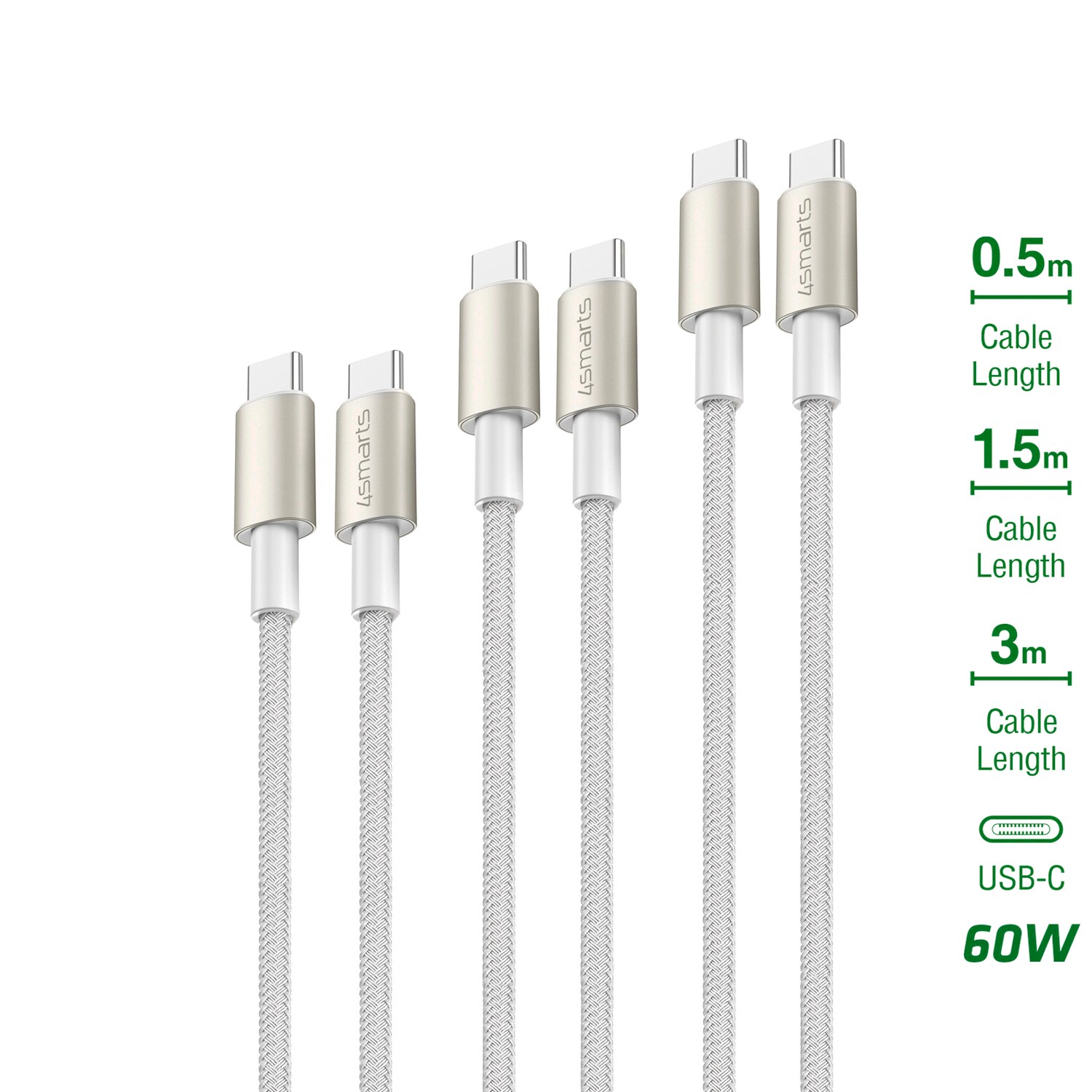 4smarts USB-C auf USB-C Kabel PremiumCord 60W 3erSet - wei&szlig;/silber