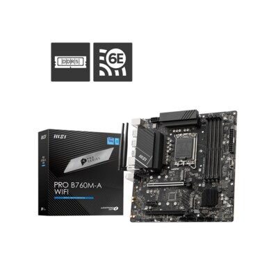 in 1 günstig Kaufen-MSI PRO B760M-A WIFI Mainboard Sockel 1700 mATX. MSI PRO B760M-A WIFI Mainboard Sockel 1700 mATX <![CDATA[• mATX Mainboard mit Sockel Intel 1700 für Intel Core 14. Generation-CPU • Intel B760-Chipsatz, keine Grafik • 256 GB max. RAM, DDR5 bis zu 68